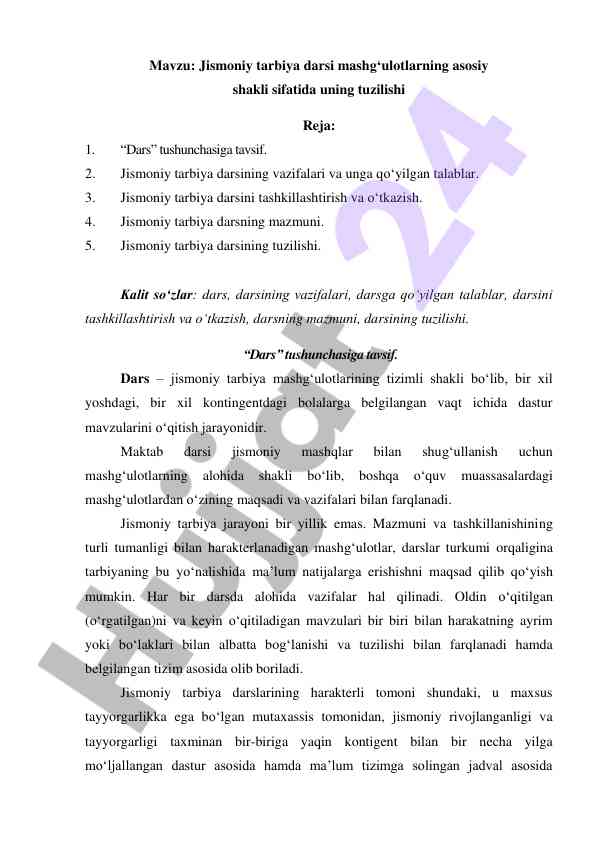 Jismoniy tarbiya darsining tuzilishi va vazifalari
