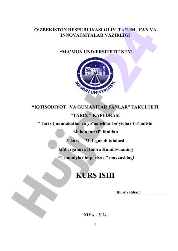 Usmoniylar imperiyasi tarixi bo‘yicha kurs ishlari