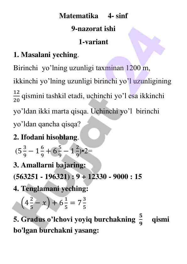 Matematika 4-sinf nazorat ishlari