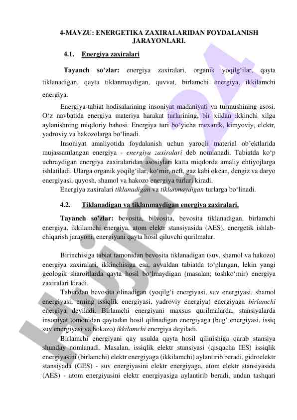 Energetika zaxiralaridan foydalanish jarayonlari