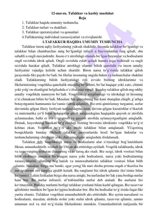 Tafakkur va kasbiy maslahat bo'yicha reja