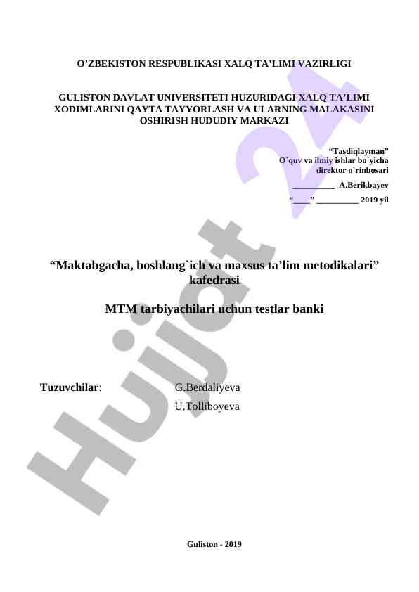Maktabgacha Ta'lim Metodikalariga Doir Testlar