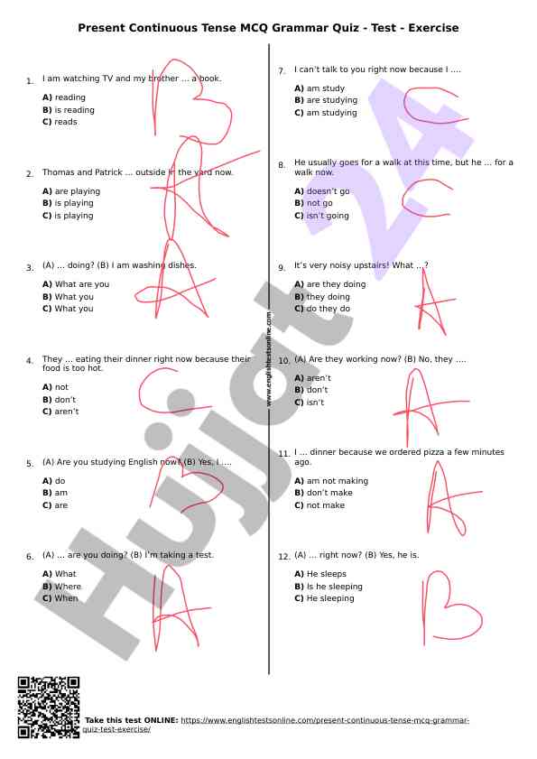 Present continuous tense mcq grammar quiz