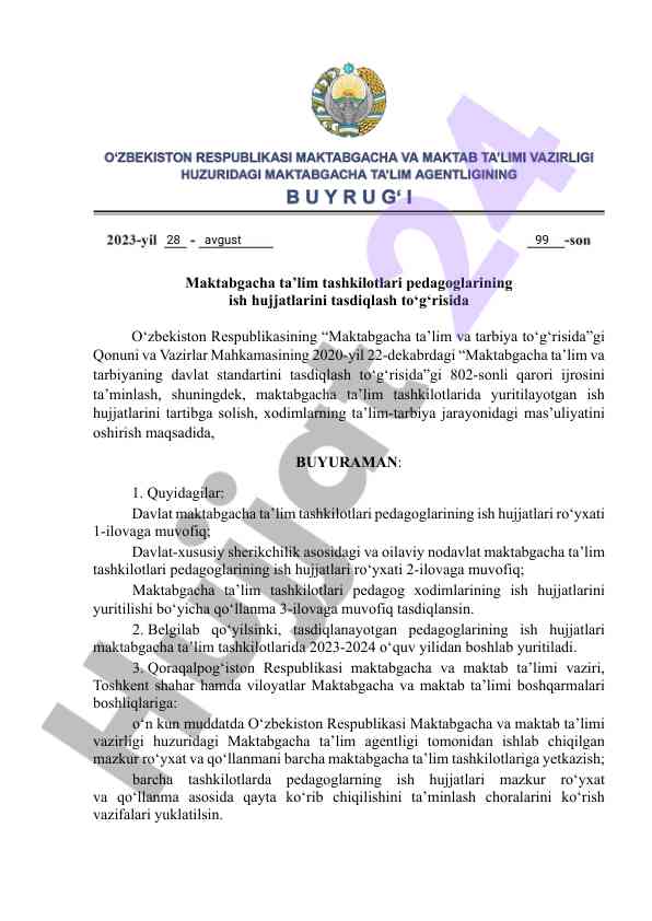 Maktabgacha ta'lim tashkilotlari pedagoglari ish hujjatlari