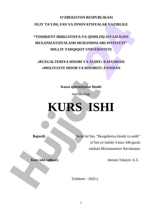 Kassa operatsiyalar hisobi mavzusidagi kurs ishlari