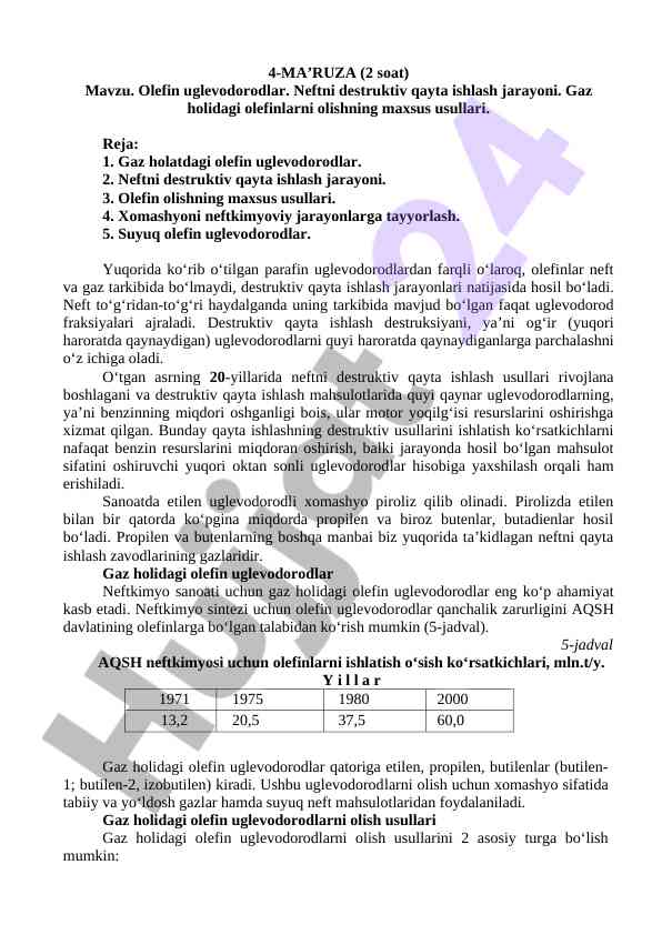OLEFIN UGLEVODORODLAR VA NEFTNI QAYTA ISHLASH