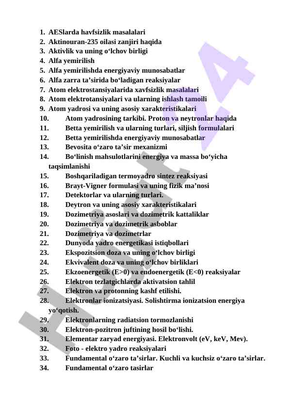 Yadro energetikasi va havfsizlik masalalari