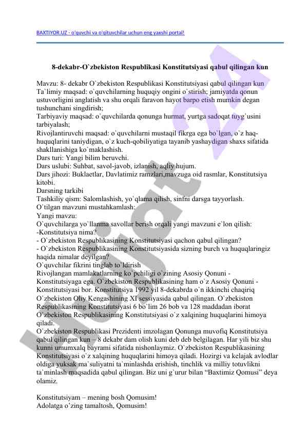 O`zbekiston respublikasi konstitutsiyasiga bag`ishlangan dars