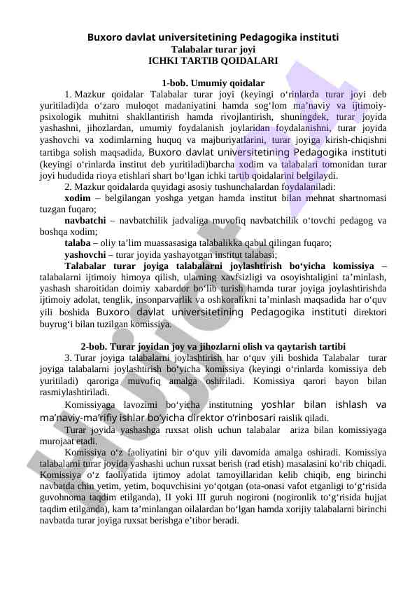 Talabalar Turar Joyi ICHKI TARTIB QOIDALARI