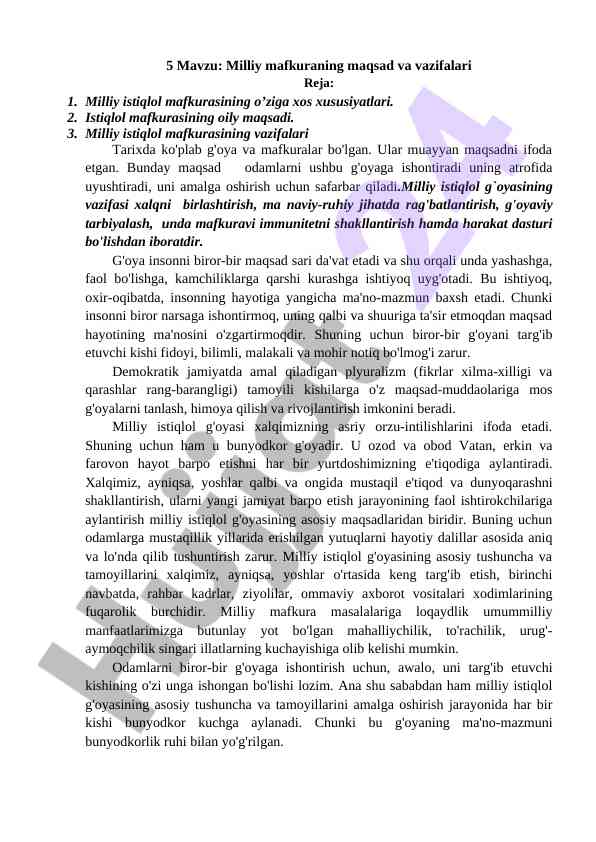 Milliy istiqlol mafkurasining maqsadlari va vazifalari
