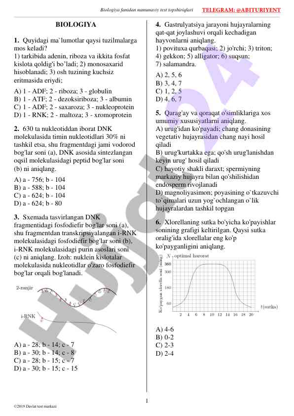 Biologiya fanidan namunaviy test topshiriqlari