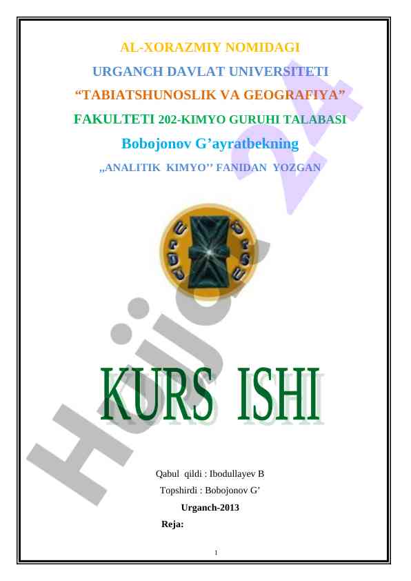 Analitik kimyo fanidan kurs ishining mavzusi