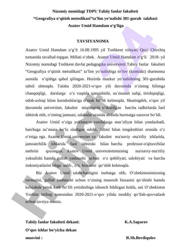 Geografiya O‘qitish Metodikasi Talabasi Tavsiyanoma