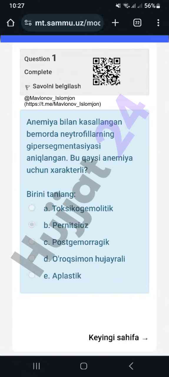 Anemiya turlari bo'yicha savollar