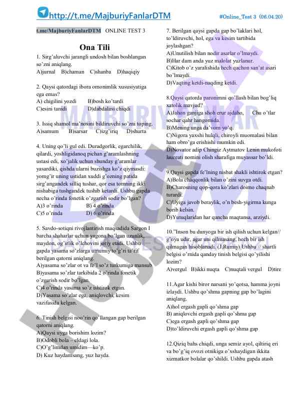 Online test 3 ona tili savollari