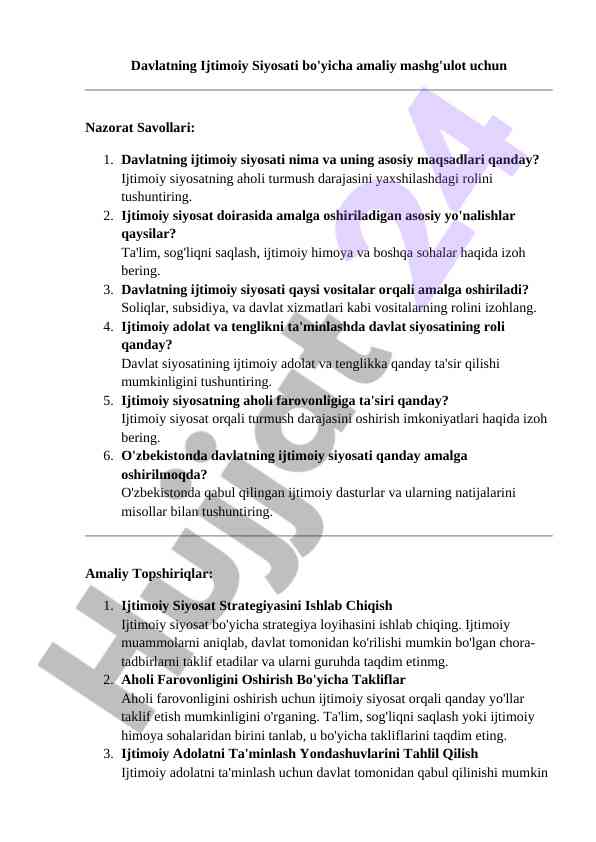 Ijtimoiy siyosat bo'yicha amaliy mashg'ulotlar