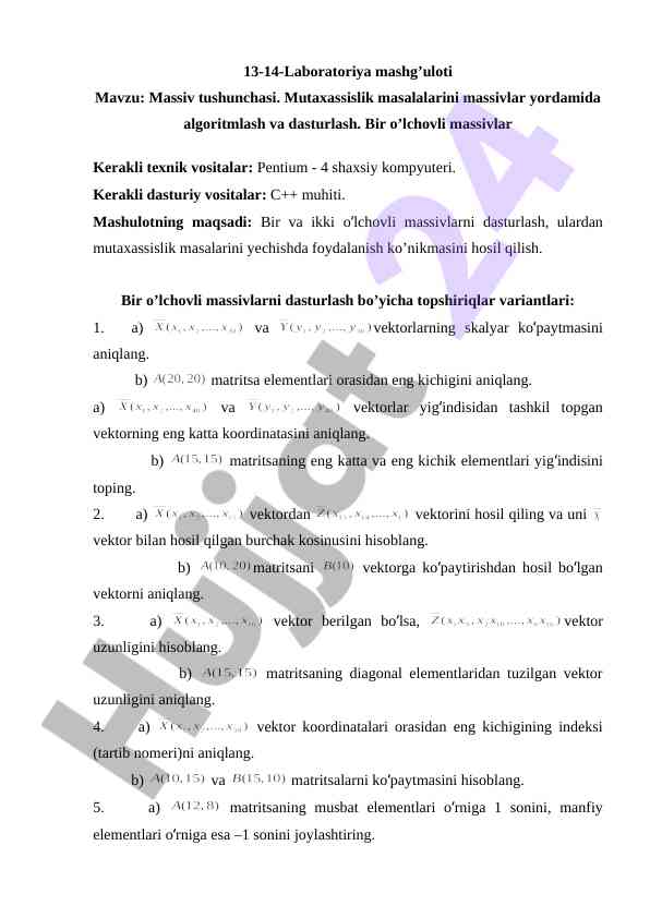 Bir o'lchovli massivlar dasturlash mashg'uloti
