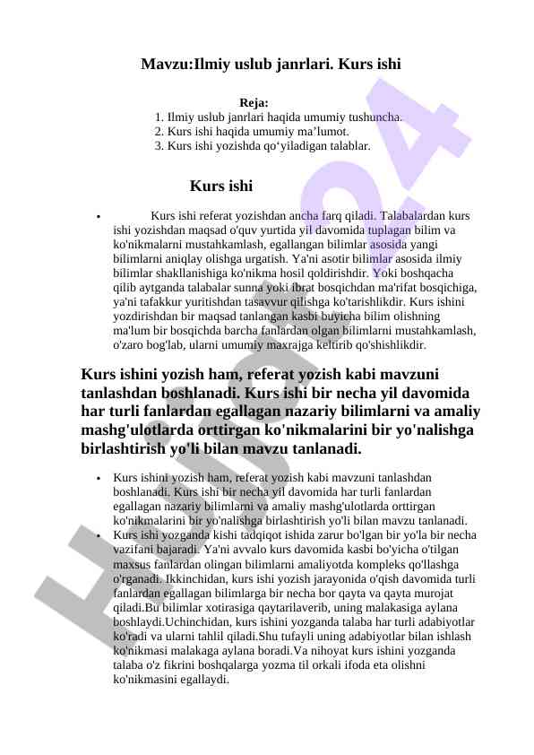 Ilmiy uslub janrlari kurs ishiga oid ma'lumotlar