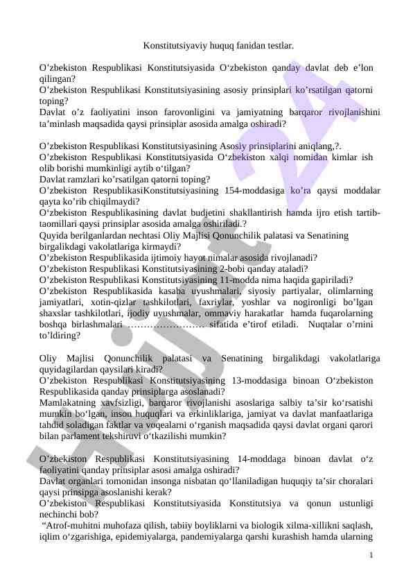 Konstitutsiyaviy Huquq Fanidan Testlar