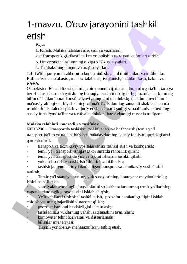 O’quv jarayonini tashkil etish bo'yicha reja