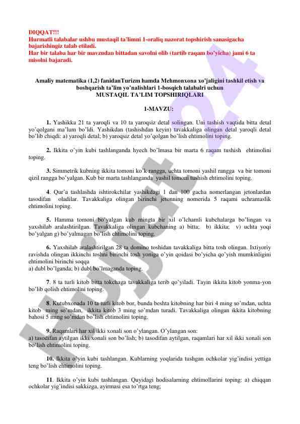 Amaliy matematika mustaqil ta’lim topshiriqlari
