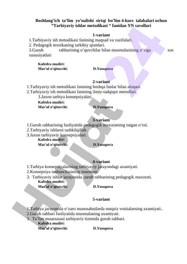 Tarbiyaviy ishlar metodikasi fanidan savollar