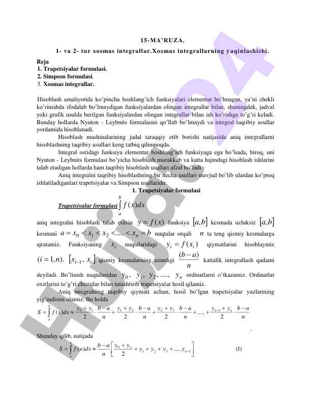 Xosmas integrallar va ularning hisoblash usullari