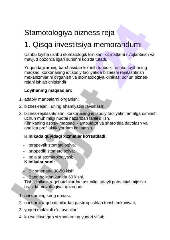 Stomatologiya biznes rejasi va investitsiya taklifi