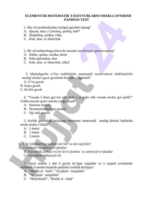 Elementar matematik tasavvurlarni shakllantirish test