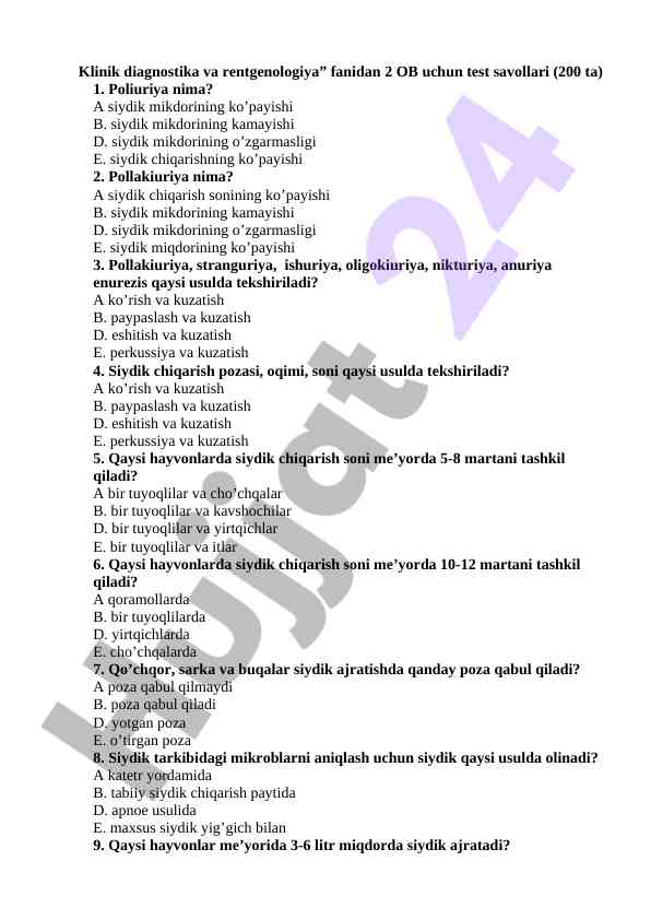 Klinik diagnostika va rentgenologiya test savollari