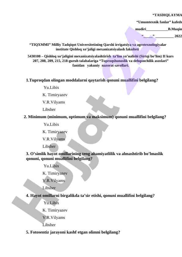 Tuproqshunoslik va dehqonchilik asoslari yakuniy nazorat