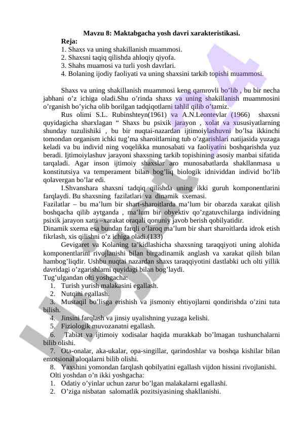 Maktabgacha yosh davri xarakteristikasi
