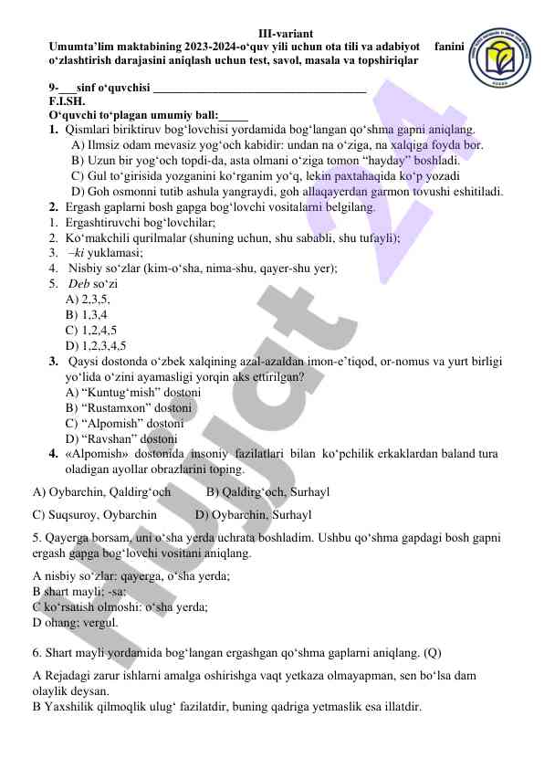 Umumta’lim maktabida ota tili testlari 2023-2024