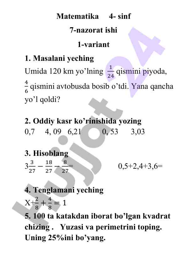 Matematika 4-sinf nazorat ishlari 1-variant