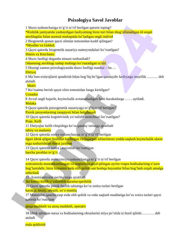 Psixologiya savollari va javoblari bilan tanishing