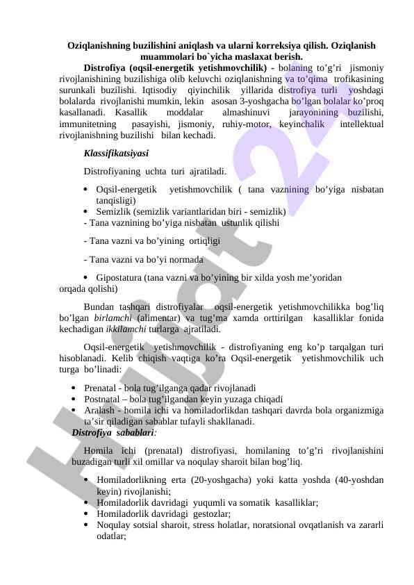 Oziqlanish buzilishi va korreksiyasi