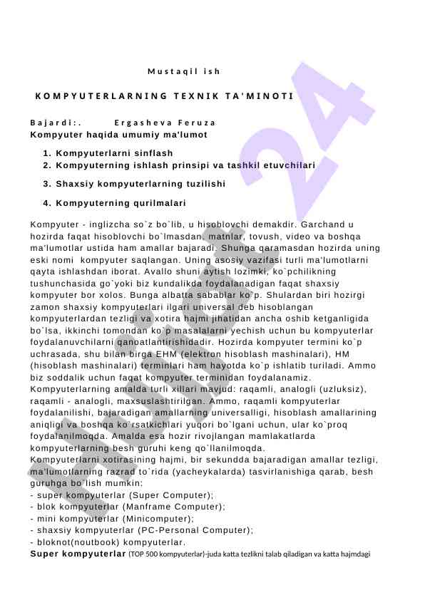 Kompyuterlarning texnik ta'minoti hakkida ma'lumot