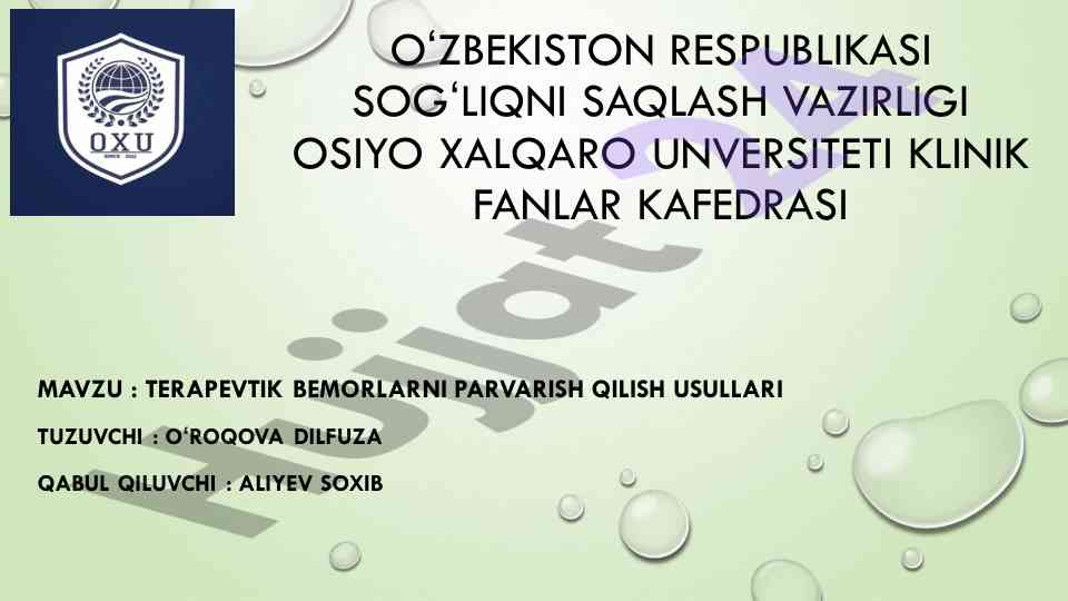 Terapevtik Bemorlarga Parvarish Qilish Usullari