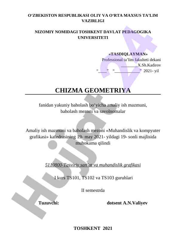 Chizma geometriya fanidan yakuniy baholash amaliy ish