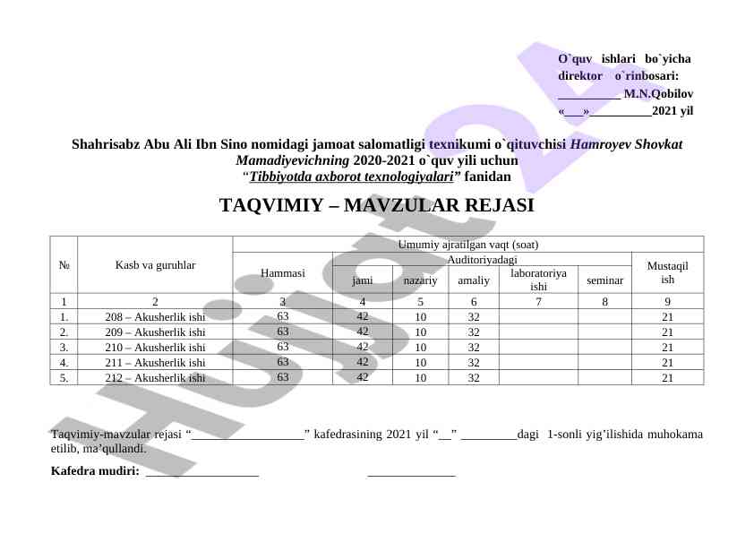 Tibbiyotda axborot texnologiyalari kurs rejasi