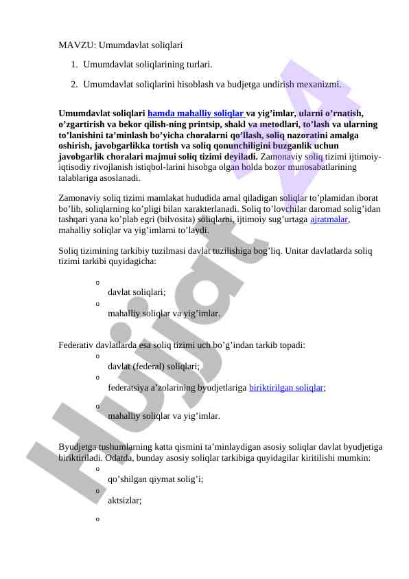 Umumdavlat soliqlari turlari va hisoblash mexanizmi