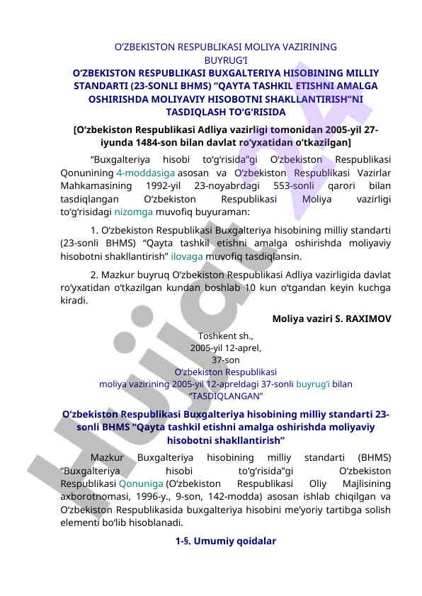 Moliya vazirining buyrug‘i o‘zbekistonda hisob standardi