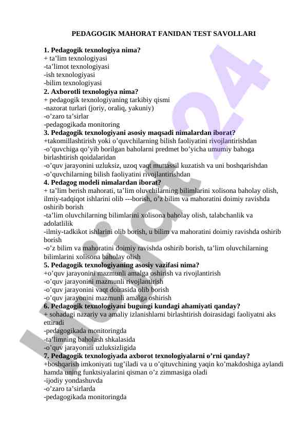 Pedagogik Mahorat Fanidan Test Savollari