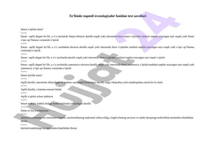 Raqamli texnologiyalar fanidan test savollari