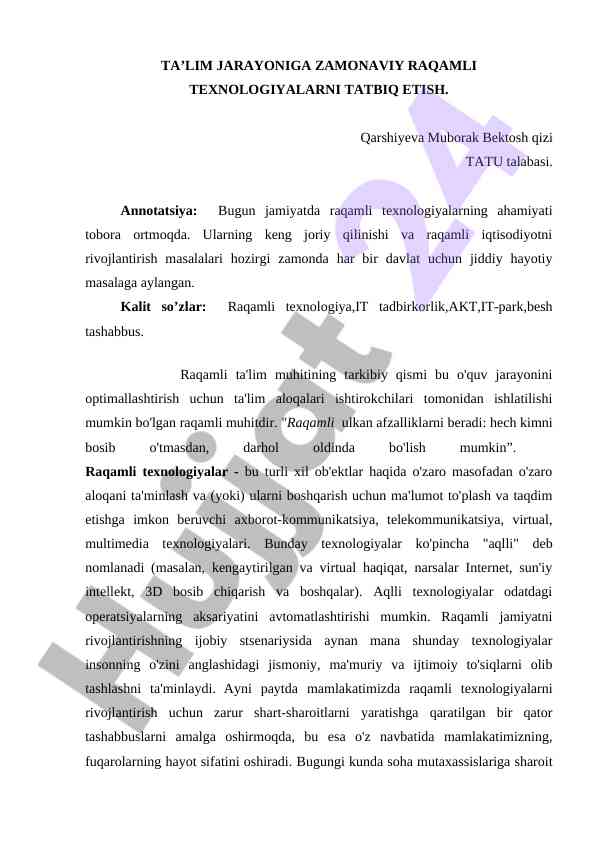 Zamonaviya raqamli texnologiyalarni ta'limda tatbiqi