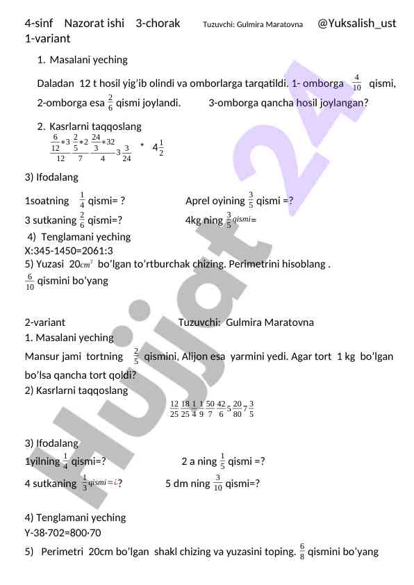 4-sinf nazorat ishlari 3-chorak masalalari