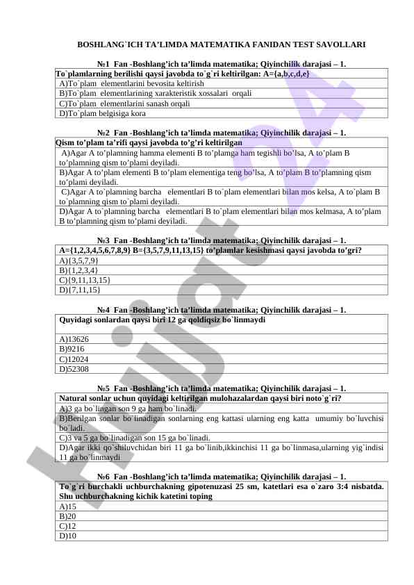BOSHLANGICH TA'LIMDA MATEMATIKA FANIDAN TEST SAVOLLARI