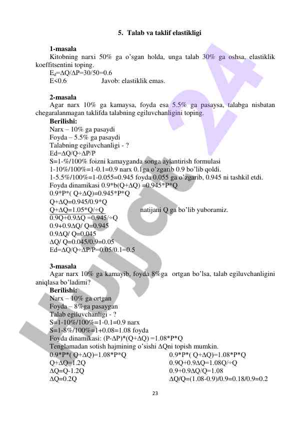 Talab va taklif elastikligi masalalari