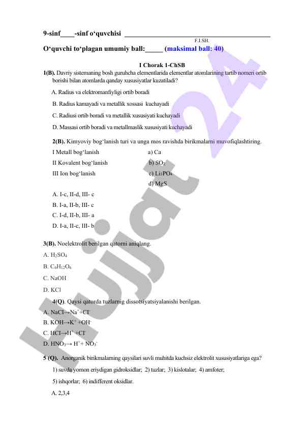 9-sinf kimyo test savollari va javoblari