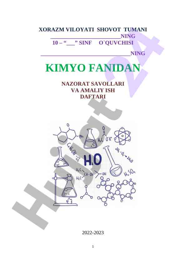 Kimyo fanidan nazorat savollari va amaliy ish daftari